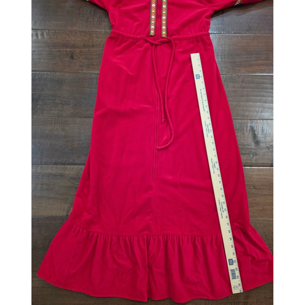 Vtg Rare Boho M Cottagecore Red fleece robe floral 70s ruffle hem loungeware - Picture 5 of 12